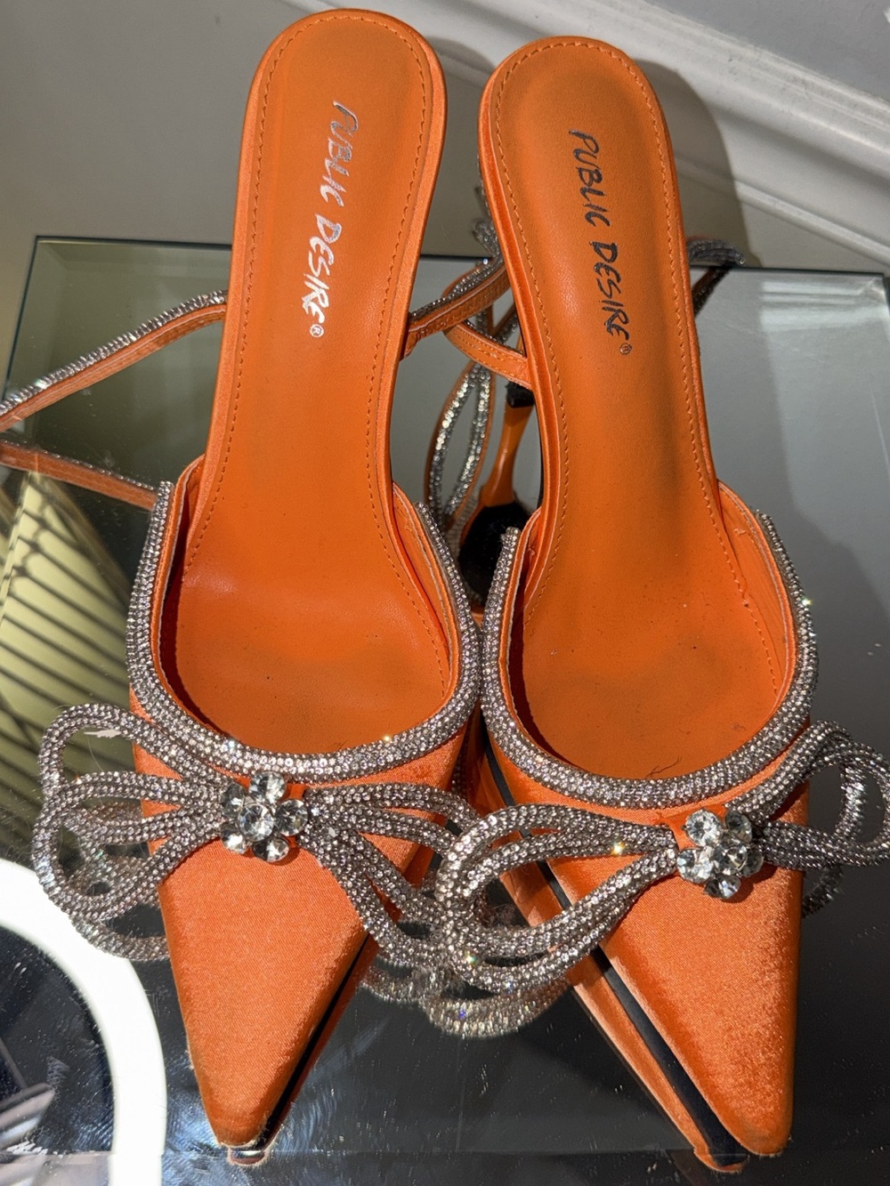 Public Desire Orange Satin Pointed-Toe Slingback Heels with Crystal Bow